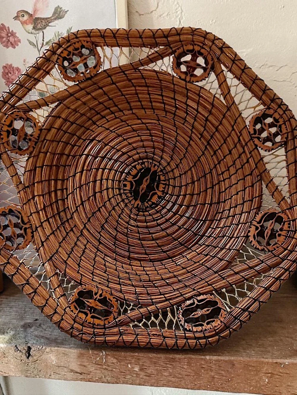 Vintage Long Pine Needle Basket Walnut Slice Inserts Coiled Folk Art Hand Woven